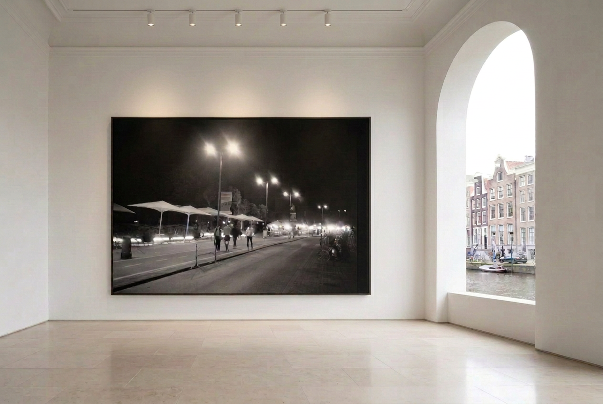 The Promenade gallery mockup with five soft spotlights