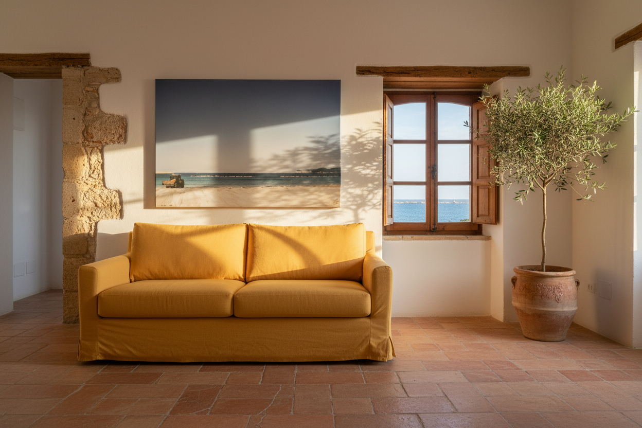 Before the Season Canvas — Mediterranean Yellow Sofa Olive Tree