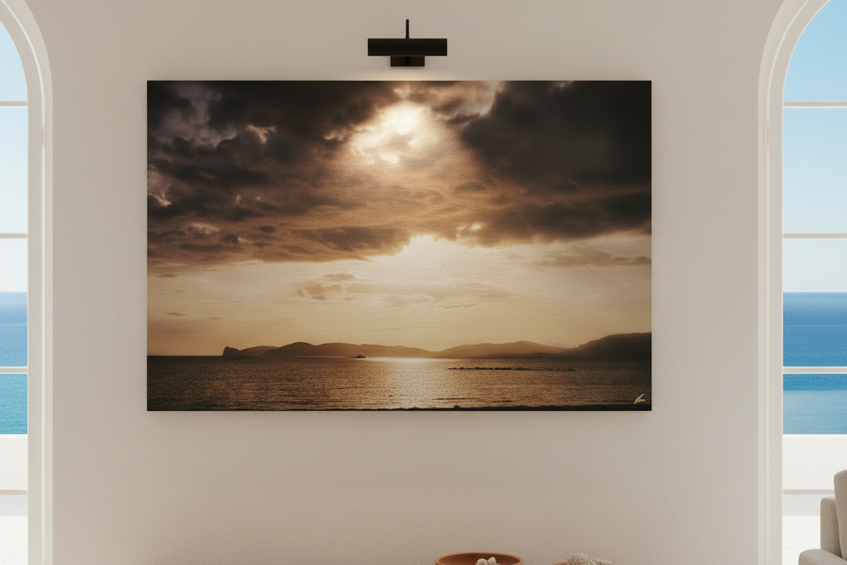 Modern gallery setting with spotlight and natural light