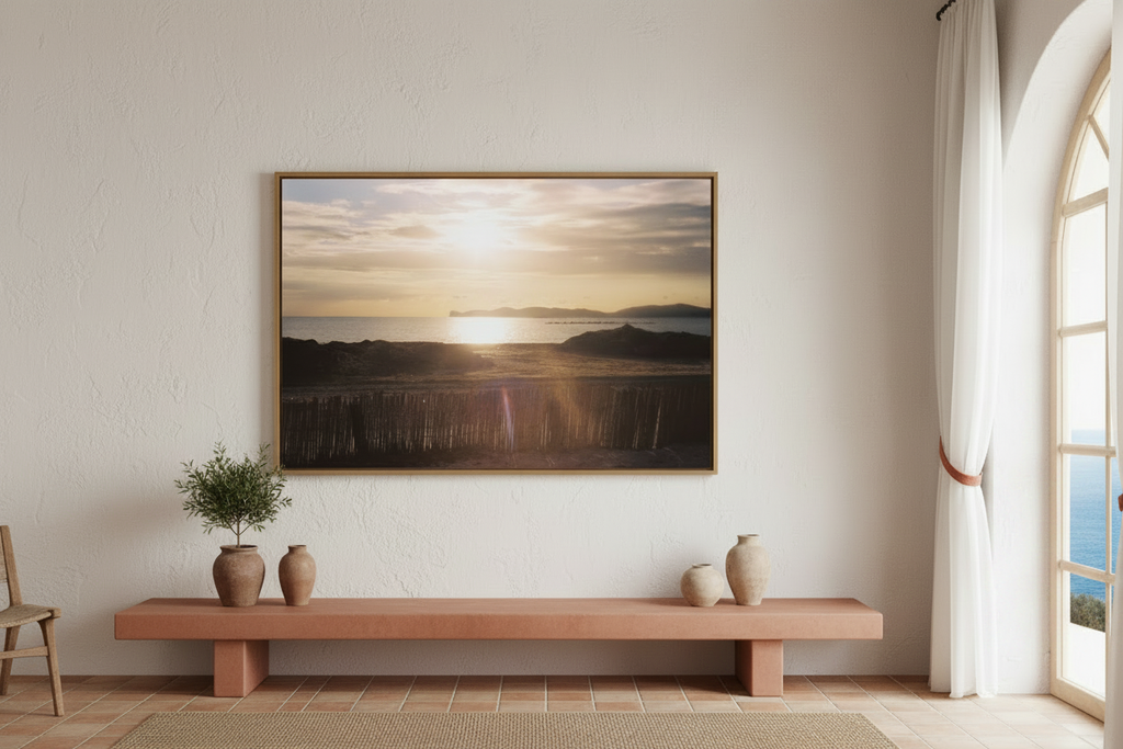 Golden Sunset Fence Canvas — Mediterranean sea view apartment