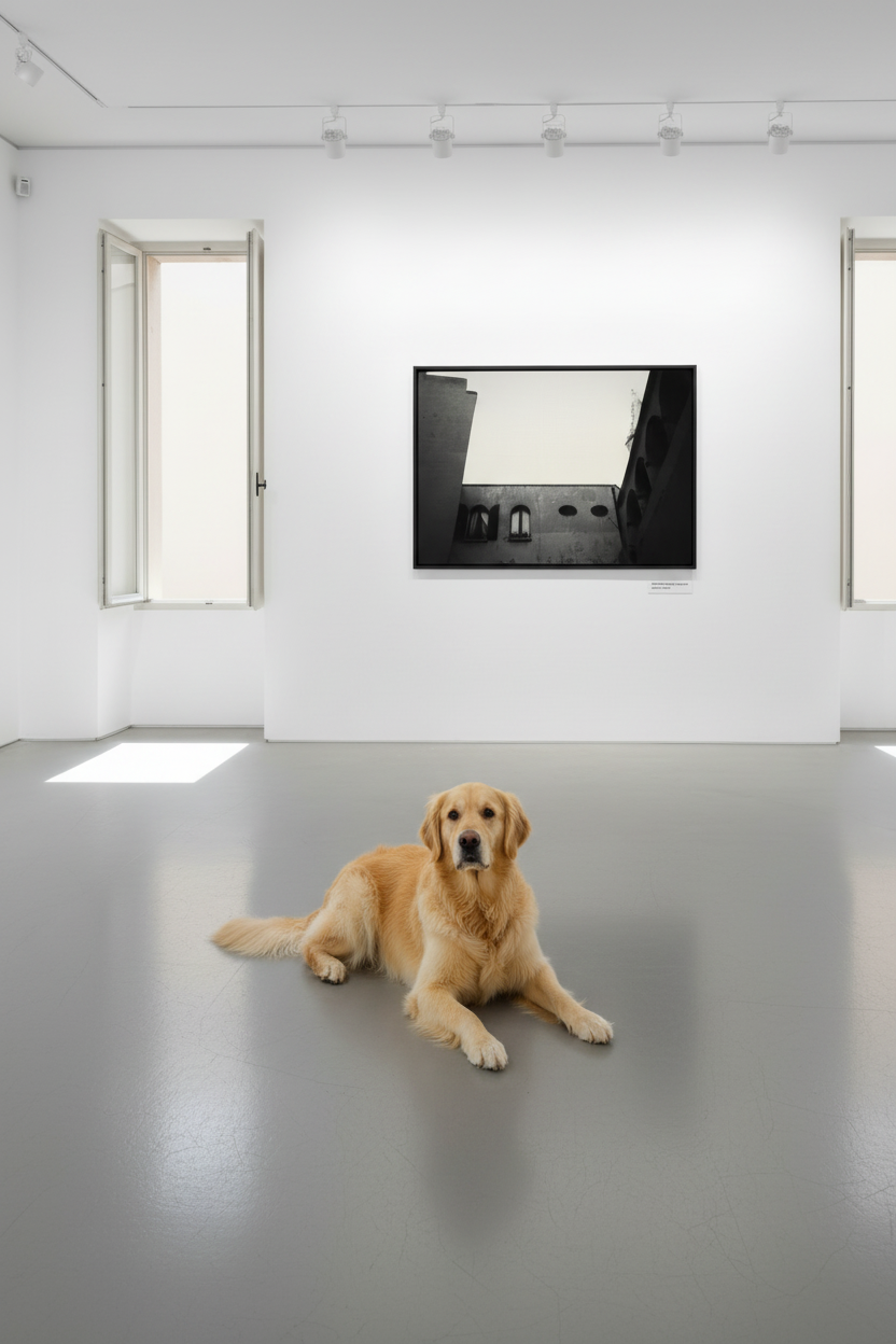Mediterranean Courtyard — Gallery with Yellow Dog