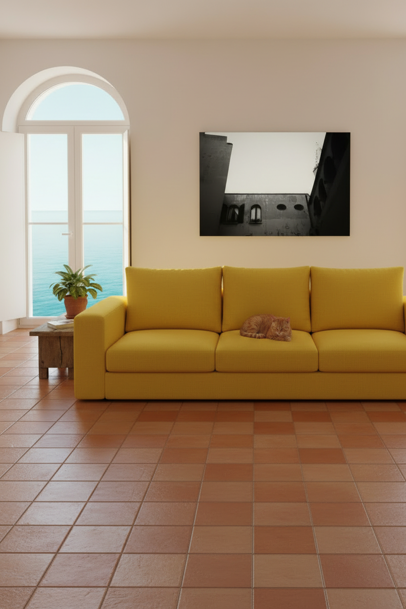 Mediterranean Courtyard — Mediterranean Apartment with Yellow Sofa and Cat
