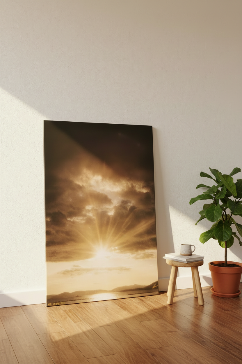 The Light Breaks Canvas — floor mockup with original photograph