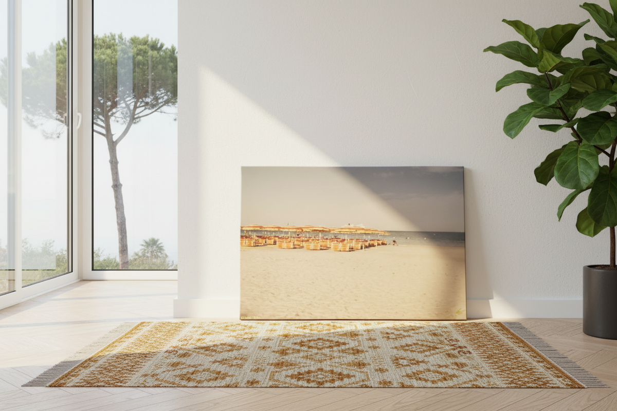 The Orange Umbrellas Canvas — floor leaning, sunbeam, gold carpet, pine window